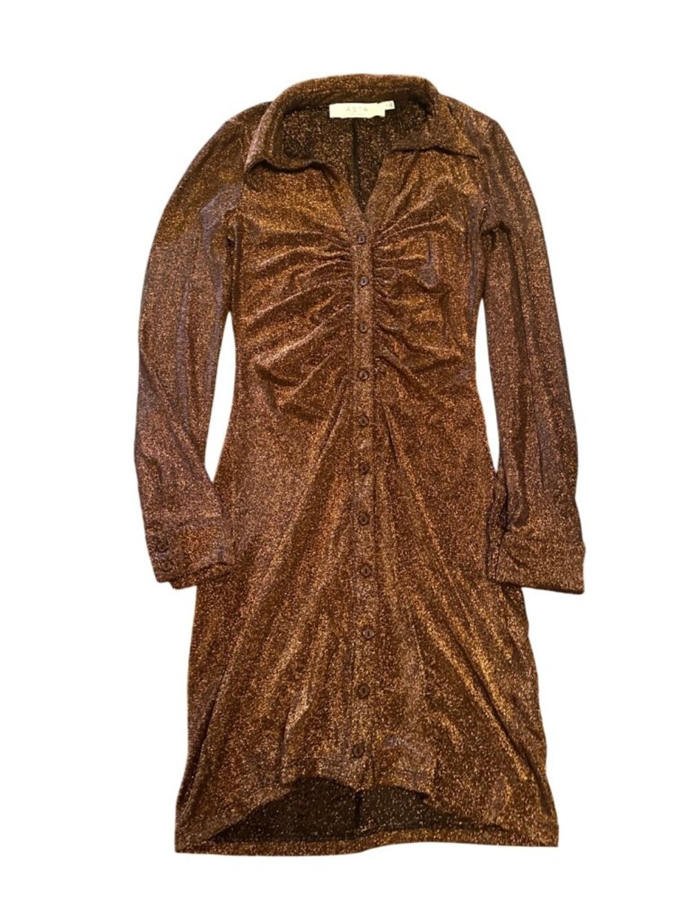 ASTR The Label Copper Metallic Button-Up Ruched Shirt Dress Size S